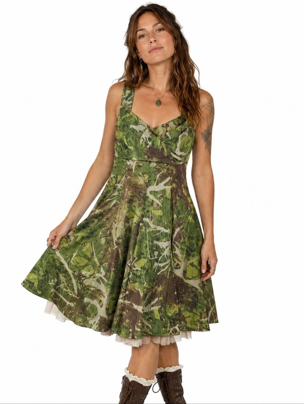 Peruvian Connection Empire Waist Dress 12 Green Camo Fit &‎ Flare Forest Fairy